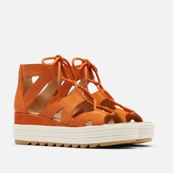 Sorel Shoes - SOREL - Cameron Orange Suede Lace Up Lightweight Open Toe Platform Sandal SZ 9